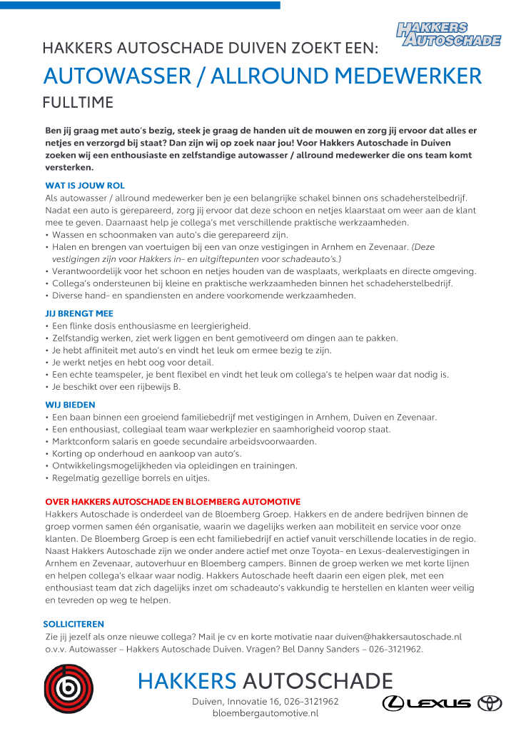 Vacature autowasser Hakkers Autoschade