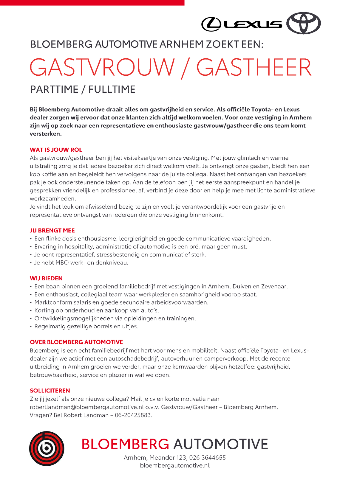 Vacature gastvrouw gastheer Arnhem