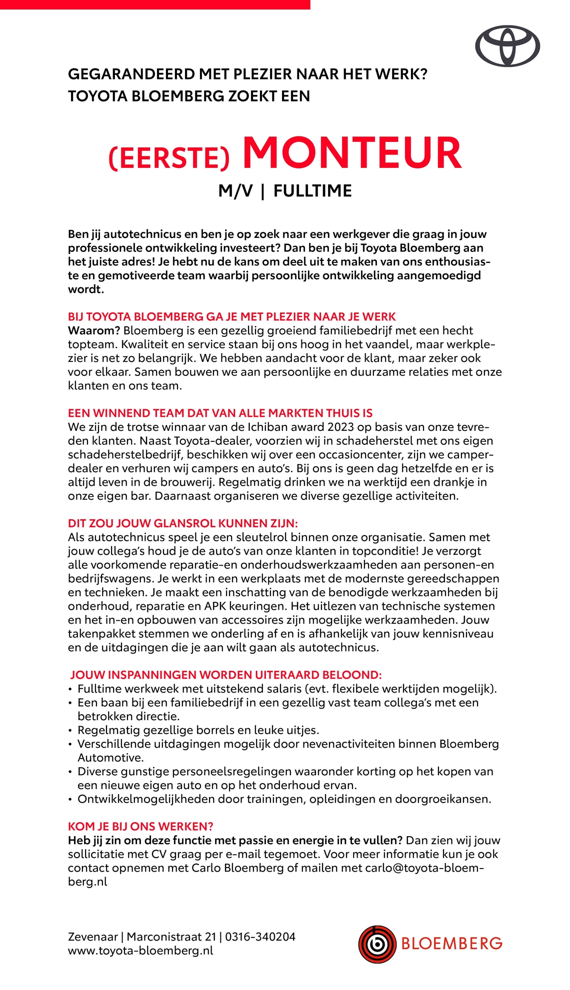 Vacature (1ste) monteur